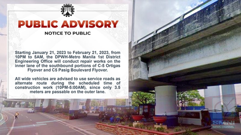 Pagkukumpuni sa innerlane ng C5 Ortigas flyover at C5 Pasig Boulevard flyover, sisimulan na sa Enero 21