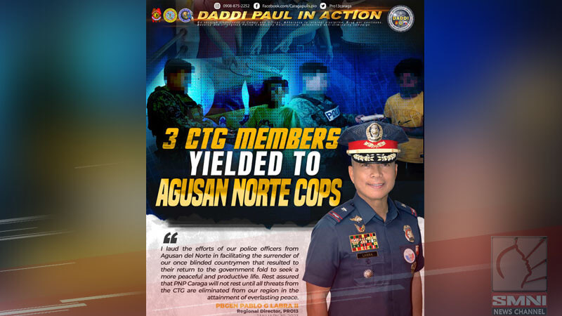 3 CTGs, sumuko sa pulisya sa Agusan del Norte
