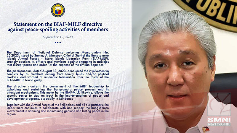 Hakbang ng BIAF-MILF laban sa peace-spoiling activities, kinilala ng DND