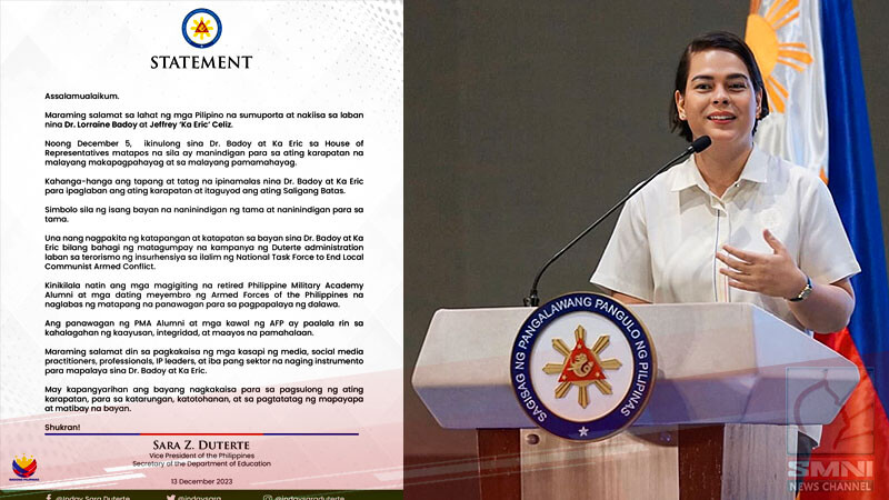 Mensahe ni VP Sara Duterte sa mga sumuporta sa laban nina Dr. Badoy at Ka Eric
