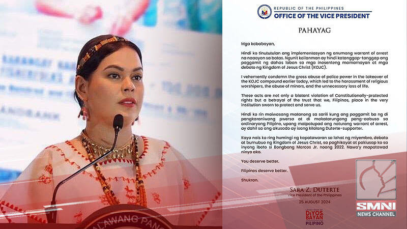 Mensahe ni VP Sara Duterte sa panghaharas ng pulisya sa mga misyonero ng KOJC