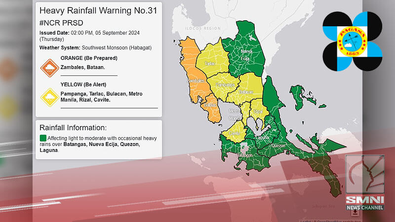 PAGASA issues orange rainfall warning for Zambales and Bataan, high flood risk