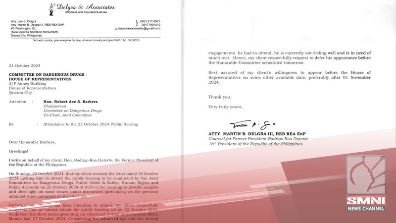 FPRRD hindi dadalo sa imbestigasyon ng Kamara bukas