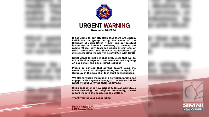 KOJC warns the public about individuals falsely using its name and Pastor ACQ identity to sell goods or solicit donations