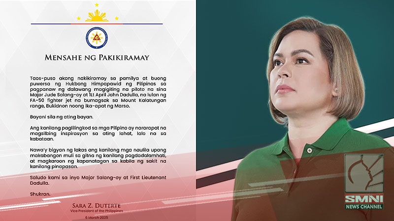 VP Sara Duterte nakiramay sa pamilya ng 2 pilotong nasawi sa pagbagsak ng FA-50 jet sa Bukidnon