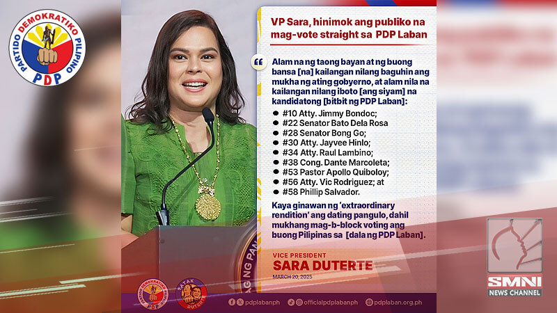 VP Sara hinimok ang publiko na mag-vote straight sa PDP Laban