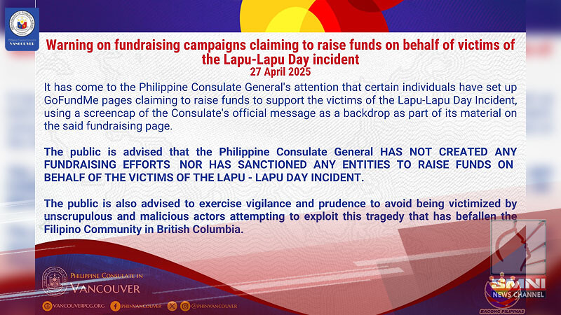 PH Consulate sa Canada, nagbabala laban sa pekeng fundraisers kaugnay ng Lapu-Lapu Day Tragedy