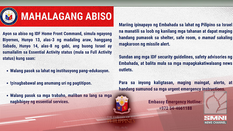 Mga Pinoy sa Israel, pinayuhan na manatili sa kanilang tahanan sa gitna ng tensyon vs. Iran