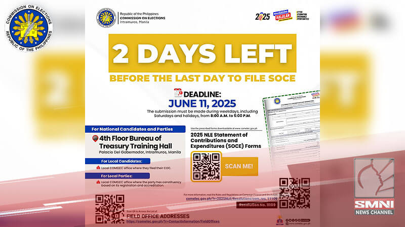 Mga kandidato ng midterm elections may 2 araw para makapagsumite ng SOCE